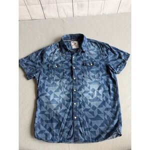 Thread & Cloth Mens Large Blue Geometric Triangle Print Short Sleeve Snap Shirt